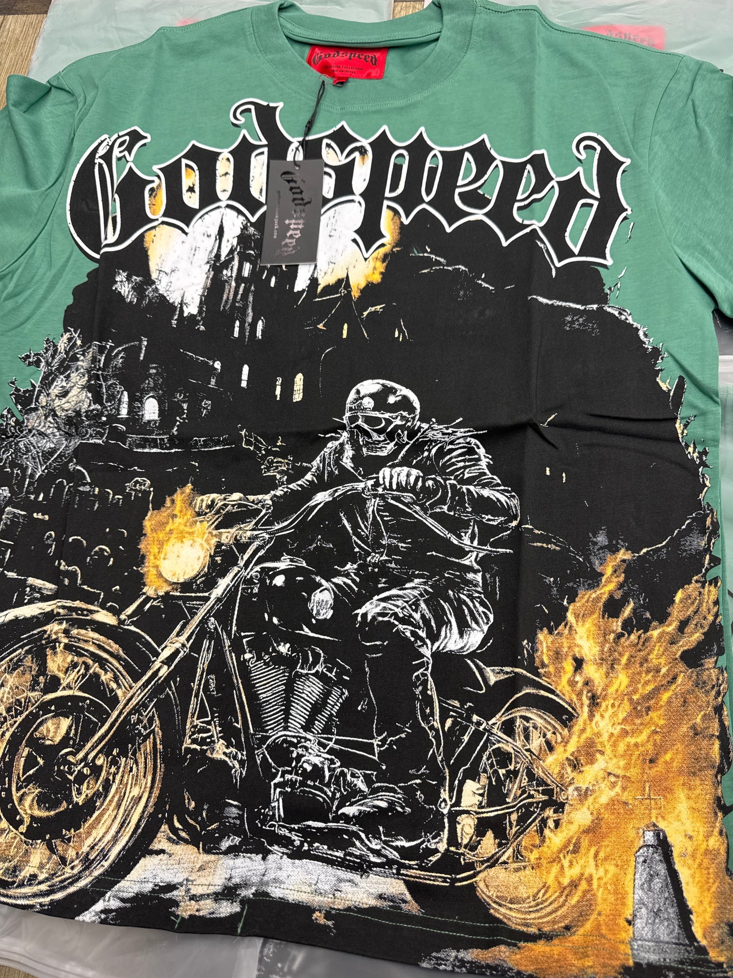 God Speed Green Motorcycle Flame Tee