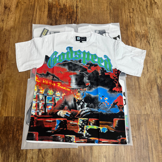 God Speed White Skeleton Poker Casino Tee