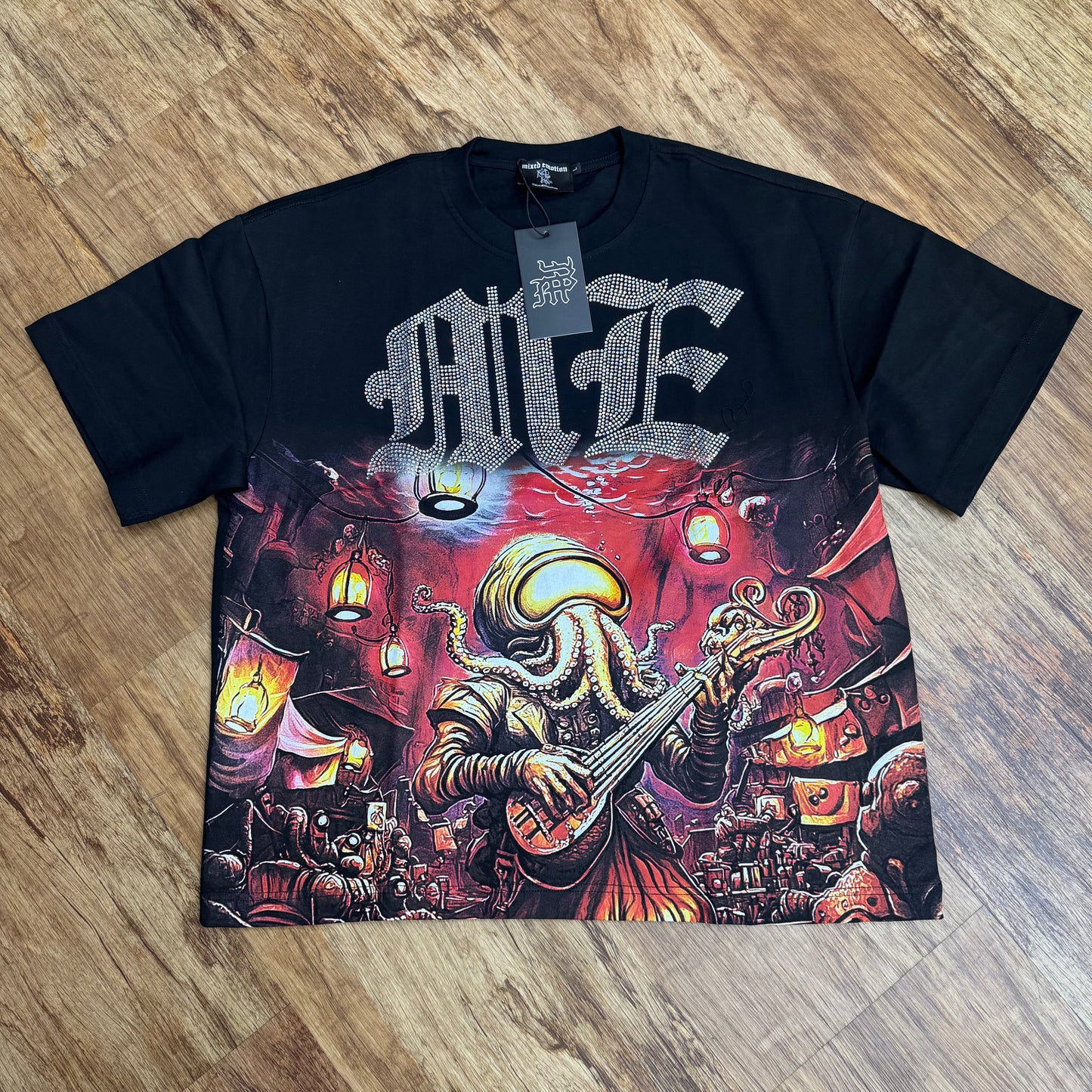 Mixed Emotion Squid playing guitar Black Tee