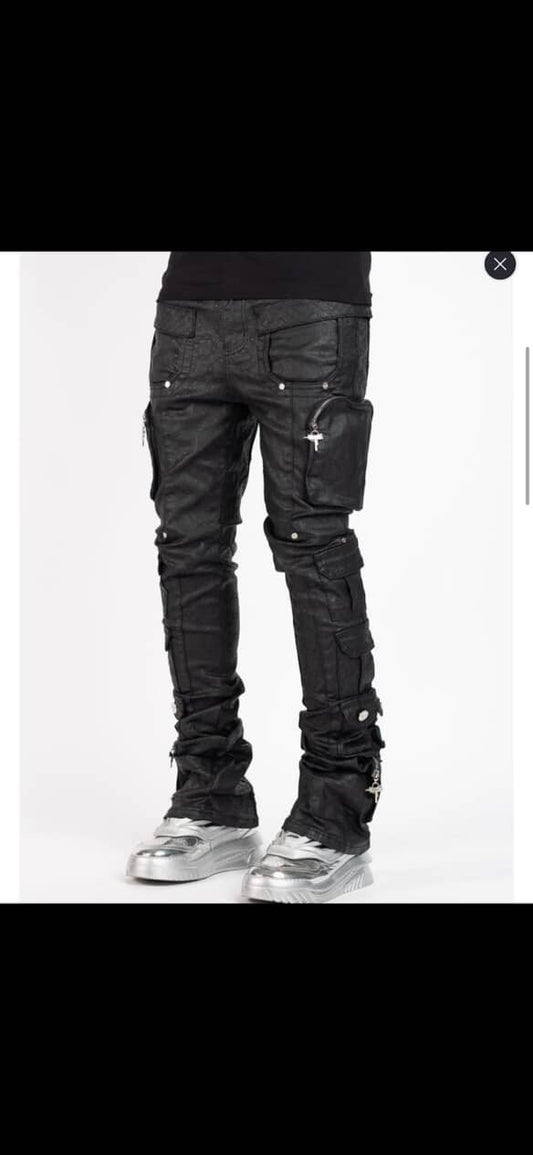 Guapi stacked black leather jeans