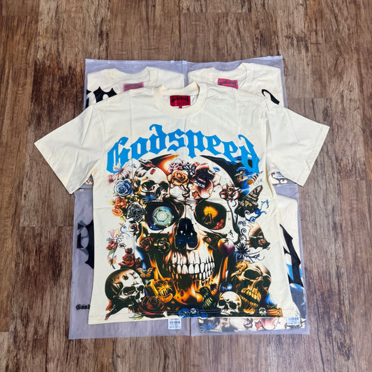 God Speed Cream Skeleton Skull Collage Tee