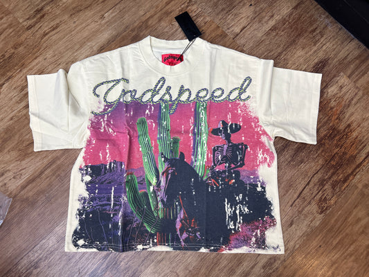 God Speed Cream Pink Skeleton Horse Tee
