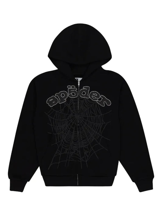 Sp5der OG Web V2 Phantom RhinestoneZip Up Hoodie Black
