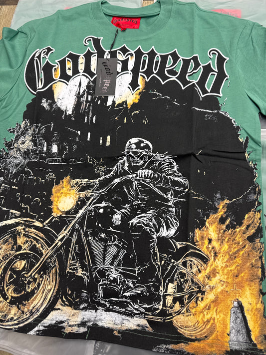 God Speed Green Motorcycle Flame Tee