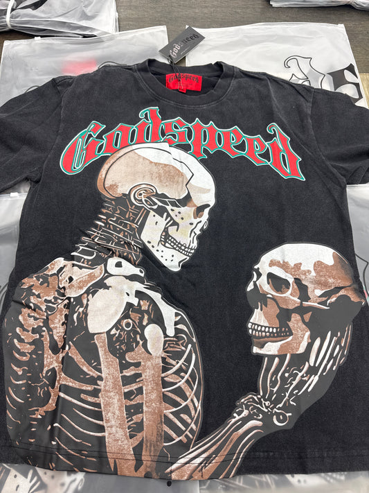 God Speed Black Skeleton Looking At Skull Tee