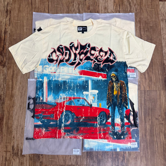 God Speed Cream Red Car Gas Station Tee