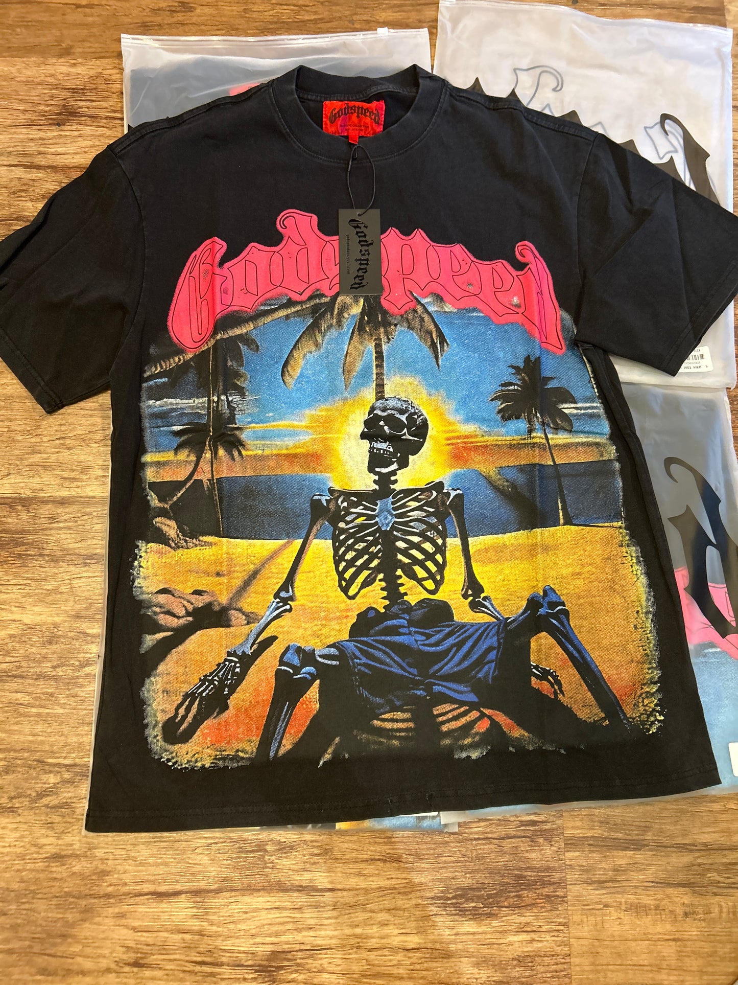 God Speed Black Skeleton On Beach With Short Tee