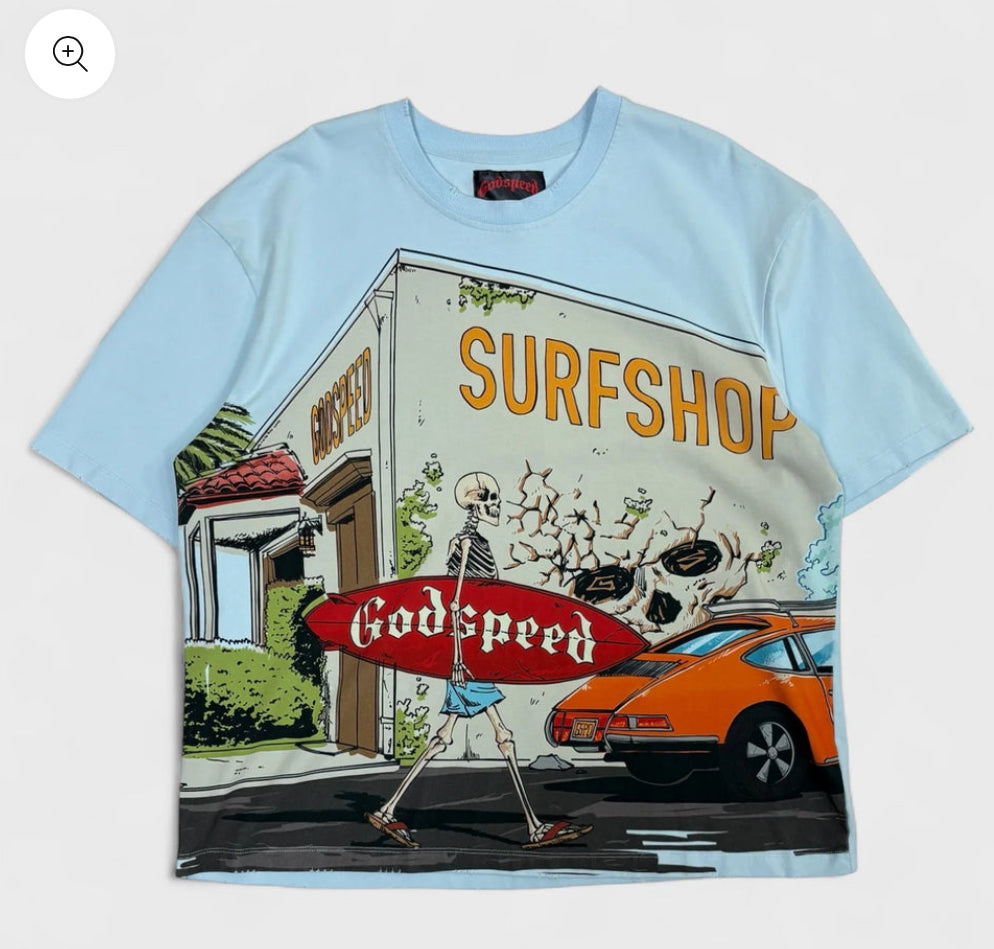 God speed baby blue surf shop tee