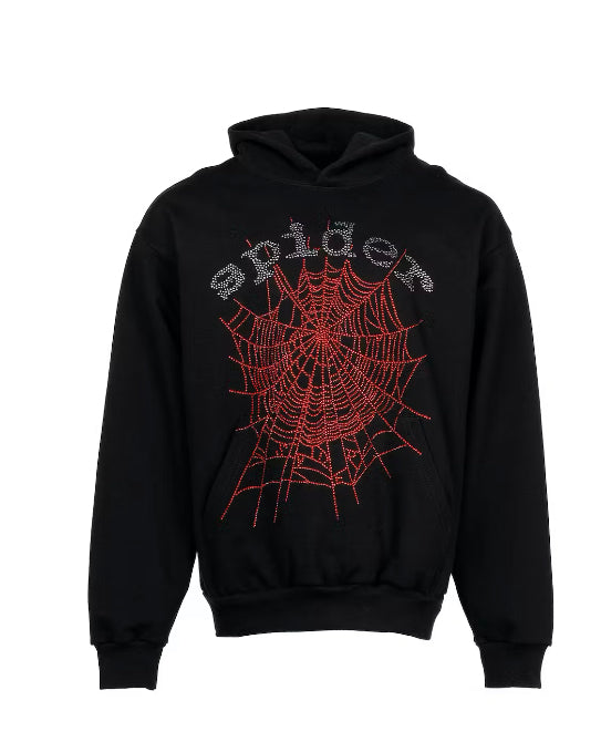 Sp5der Black OG Rhinestone Logo Hoodie