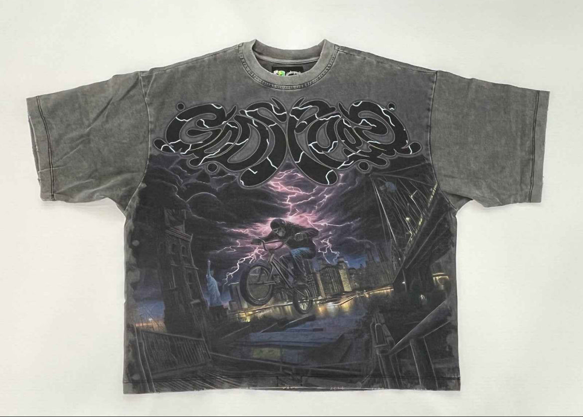 God Speed Skeleton Riding The Storm Black Tee