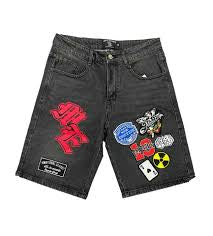 Mixed Emotion “Danger” patches denim black shorts